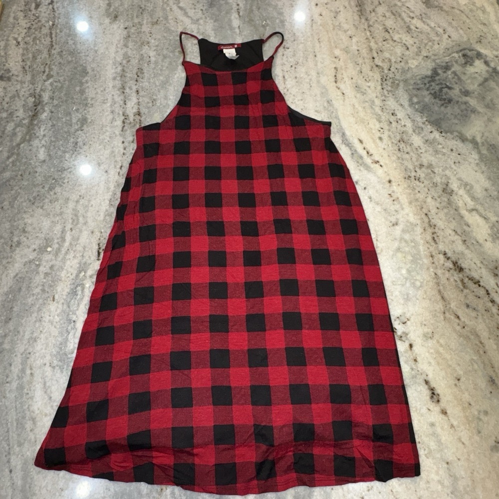 Silvergate Women's Medium Halter Mini Dress Red Black Plaid Check Grunge Emo Y2K